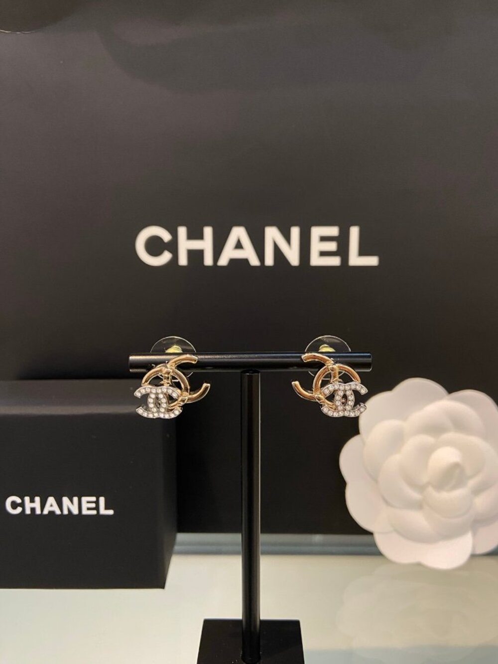 Chanel Gold-Tone Crystal CC Stud Earrings